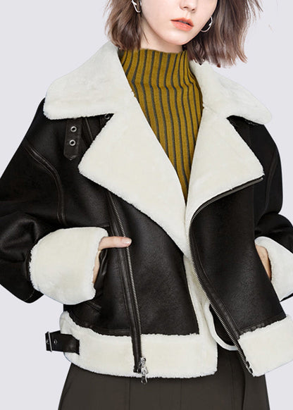 Beautiful Black Peter Pan Collar Pockets Warm Fleece PU Coats Winter