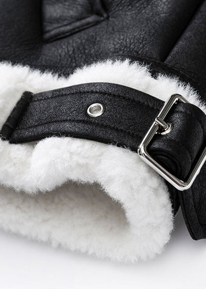 Beautiful Black Peter Pan Collar Pockets Warm Fleece PU Coats Winter