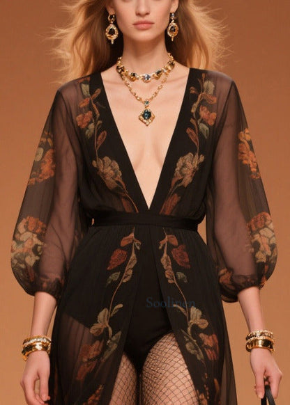 Beautiful Black Print Draping Chiffon UPF 50+ Beach Cardigan Summer