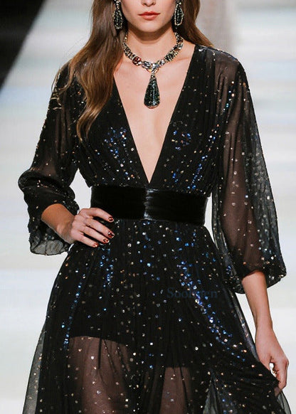Beautiful Black Sequins Tunic Tulle Sheer Dresses Summer