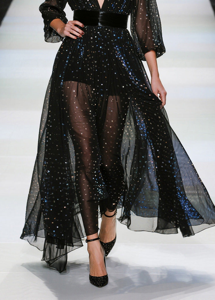 Beautiful Black Sequins Tunic Tulle Sheer Dresses Summer
