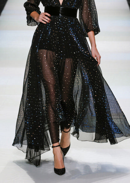 Beautiful Black Sequins Tunic Tulle Sheer Dresses Summer