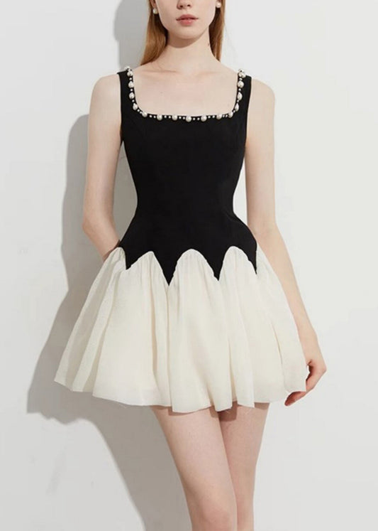 Beautiful Black Square Collar Patchwork Pearl Mini Dress Summer