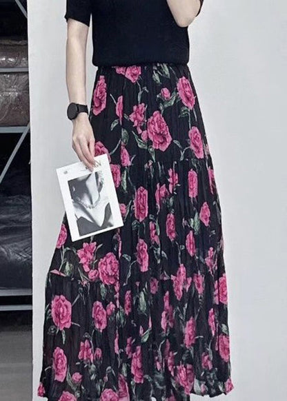 Beautiful Black Wrinkled Print Patchwork Chiffon Skirts Summer