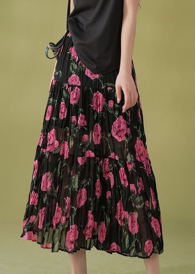 Beautiful Black Wrinkled Print Patchwork Chiffon Skirts Summer