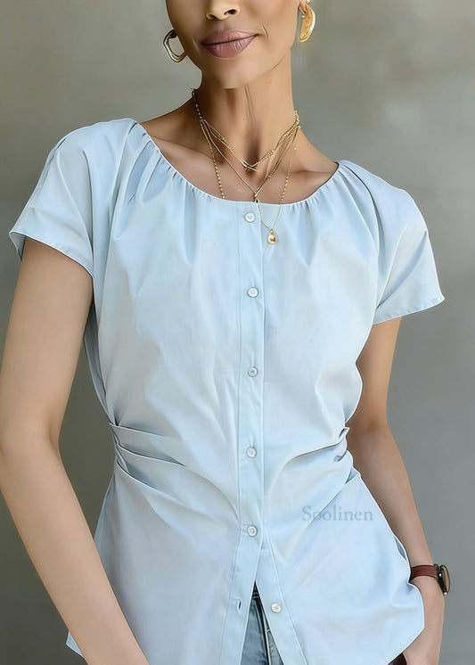 Beautiful Blue O Neck Wrinkled Button Cotton Shirt Summer