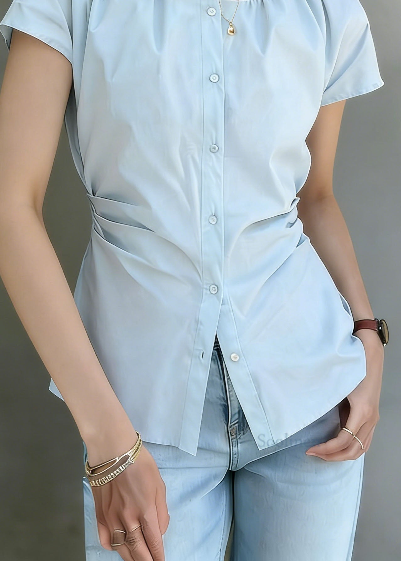 Beautiful Blue O Neck Wrinkled Button Cotton Shirt Summer