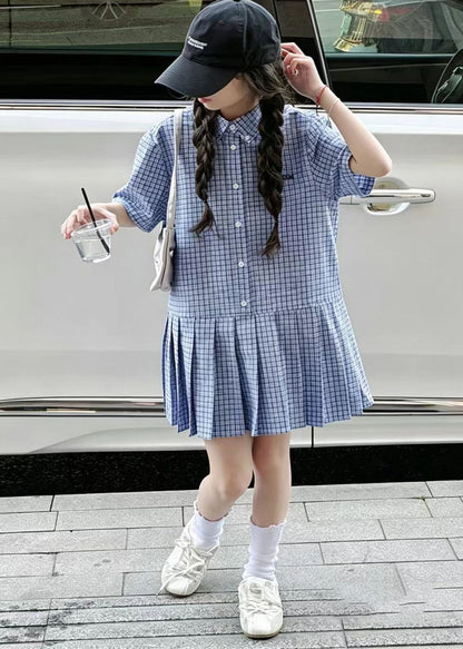 Beautiful Blue Oversized Plaid Cotton Baby Girls Day Dress Summer
