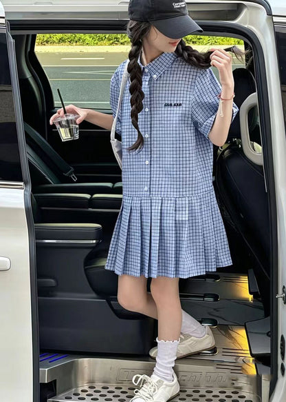 Beautiful Blue Oversized Plaid Cotton Baby Girls Day Dress Summer