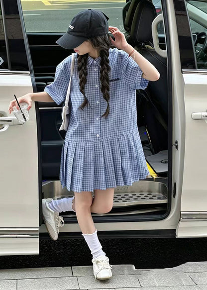 Beautiful Blue Oversized Plaid Cotton Baby Girls Day Dress Summer
