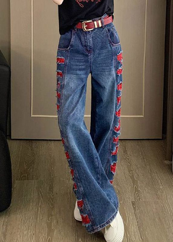 Beautiful Blue Patchwork Hole Wide Leg Jeans Spring
