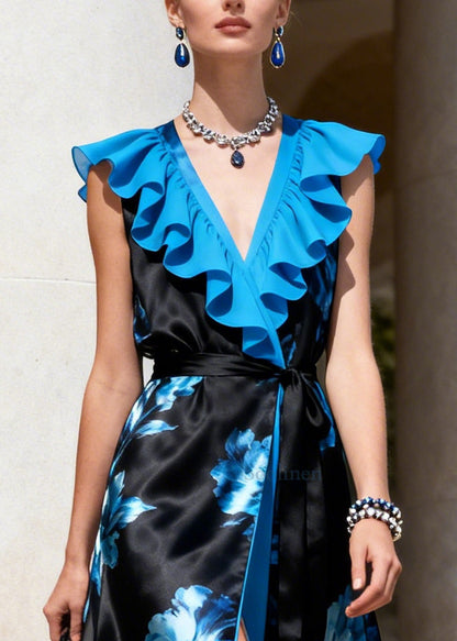 Beautiful Blue Ruffled Print Side Open Chiffon Maxi Dresses Sleeveless