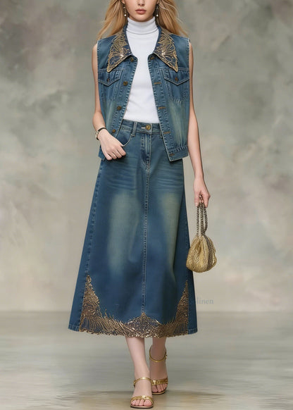 Beautiful Blue Sequins Embroidered Denim Two Pieces Set Spring