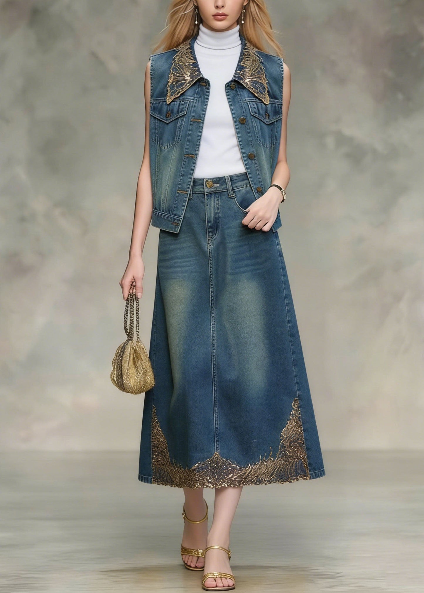 Beautiful Blue Sequins Embroidered Denim Two Pieces Set Spring