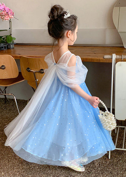 Beautiful Blue Sequins Patchwork Tulle Kids Maxi Dress Summer