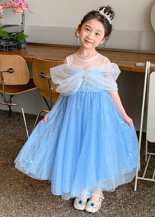 Beautiful Blue Sequins Patchwork Tulle Kids Maxi Dress Summer