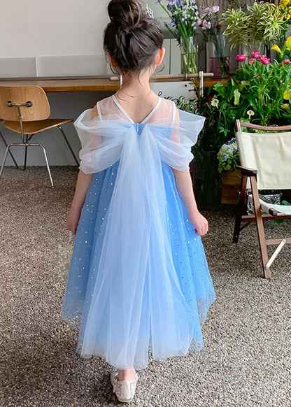 Beautiful Blue Sequins Patchwork Tulle Kids Maxi Dress Summer