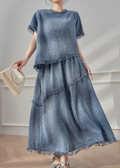 Beautiful Blue Tassel Patchwork T Shirt And Maxi Skirts Two Pieces Set Short Sleeve
