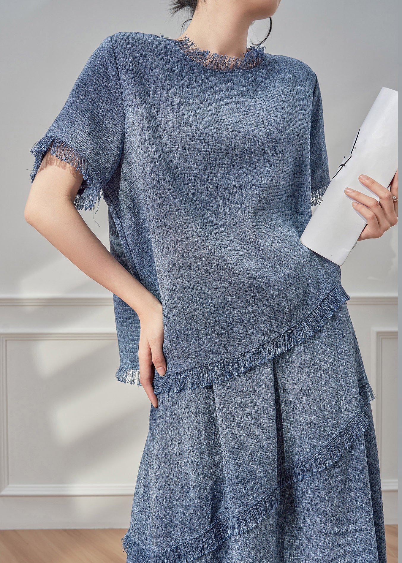 Beautiful Blue Tassel Patchwork T Shirt And Maxi Skirts Two Pieces Set Short Sleeve