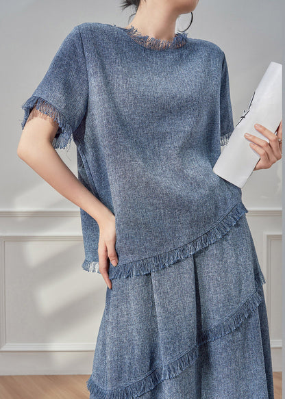 Beautiful Blue Tassel Patchwork T Shirt And Maxi Skirts Two Pieces Set Short Sleeve