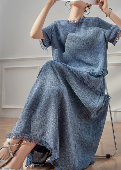 Beautiful Blue Tassel Patchwork T Shirt And Maxi Skirts Two Pieces Set Short Sleeve