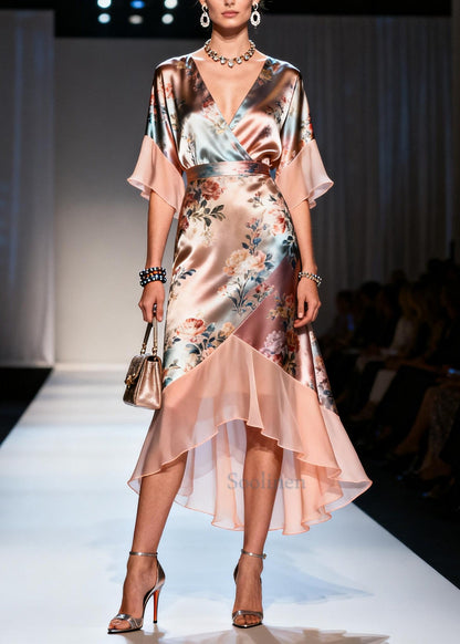 Beautiful Champagne Print Patchwork Chiffon Vacation Dresses Summer