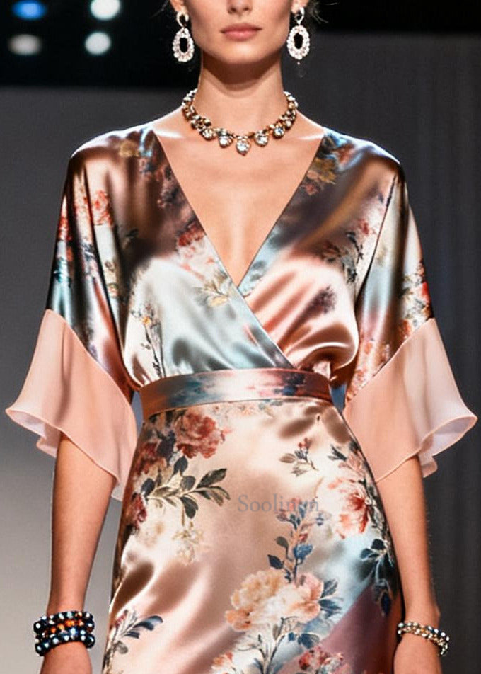 Beautiful Champagne Print Patchwork Chiffon Vacation Dresses Summer