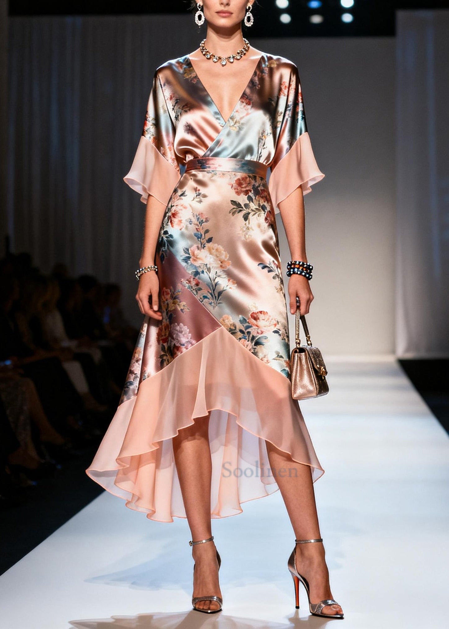 Beautiful Champagne Print Patchwork Chiffon Vacation Dresses Summer