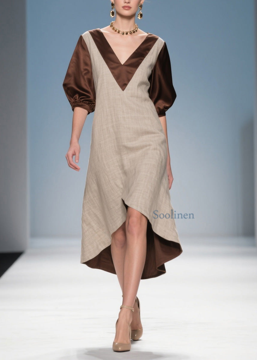 Beautiful Colorblock Low High Design Patchwork Linen Silk Dress Summer