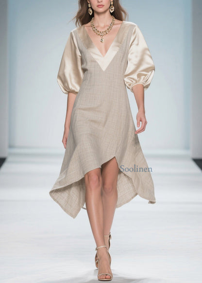 Beautiful Colorblock Puff Sleeve Patchwork Linen Silk Dresses