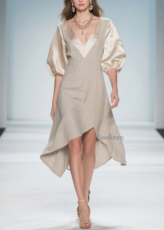 Beautiful Colorblock Puff Sleeve Patchwork Linen Silk Dresses