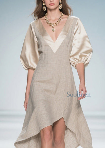 Beautiful Colorblock Puff Sleeve Patchwork Linen Silk Dresses