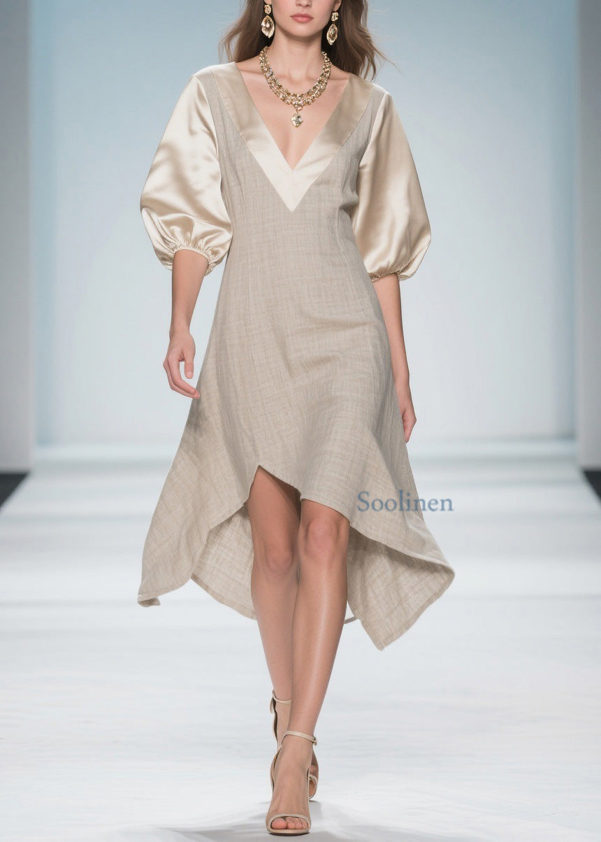 Beautiful Colorblock Puff Sleeve Patchwork Linen Silk Dresses