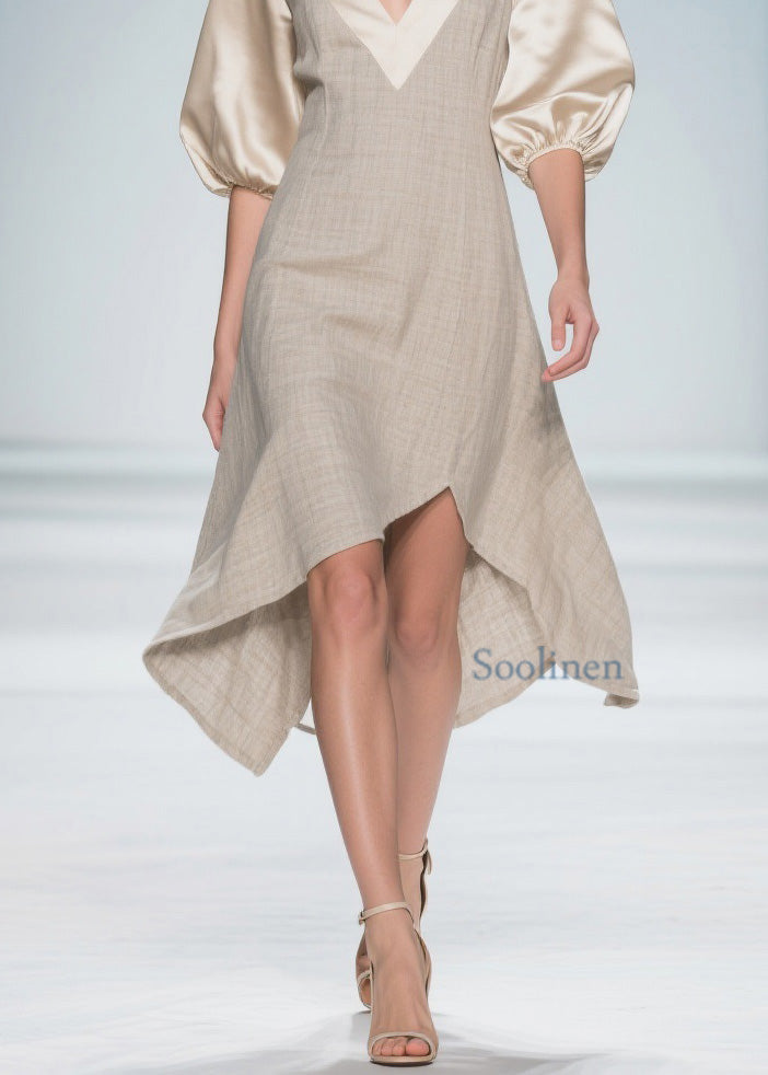 Beautiful Colorblock Puff Sleeve Patchwork Linen Silk Dresses