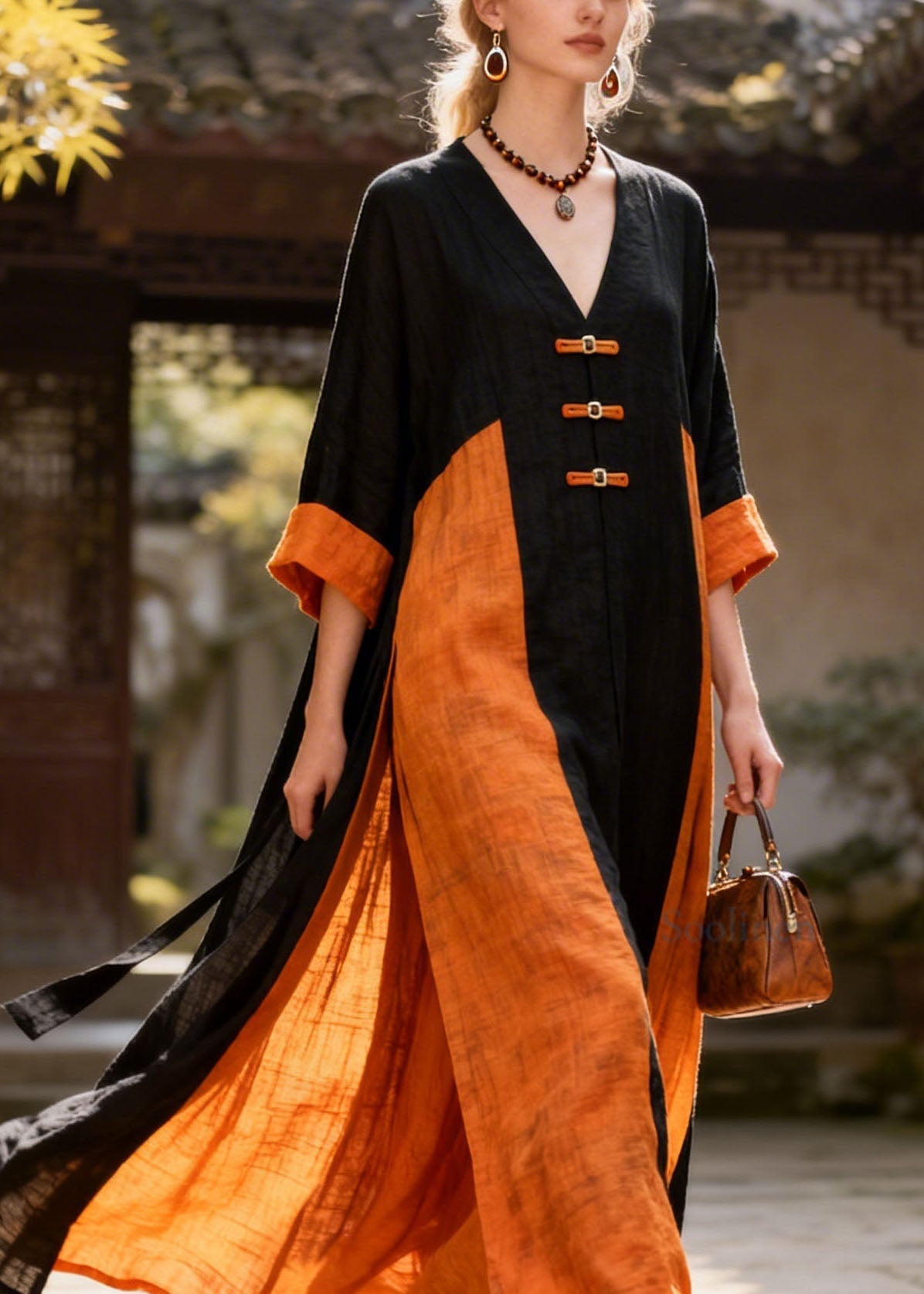Beautiful Colorblock V Neck Patchwork Cotton Dress Summer