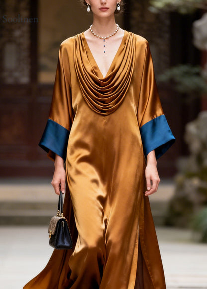 Beautiful Colorblock Wrinkled Patchwork Silk Long Dress Summer