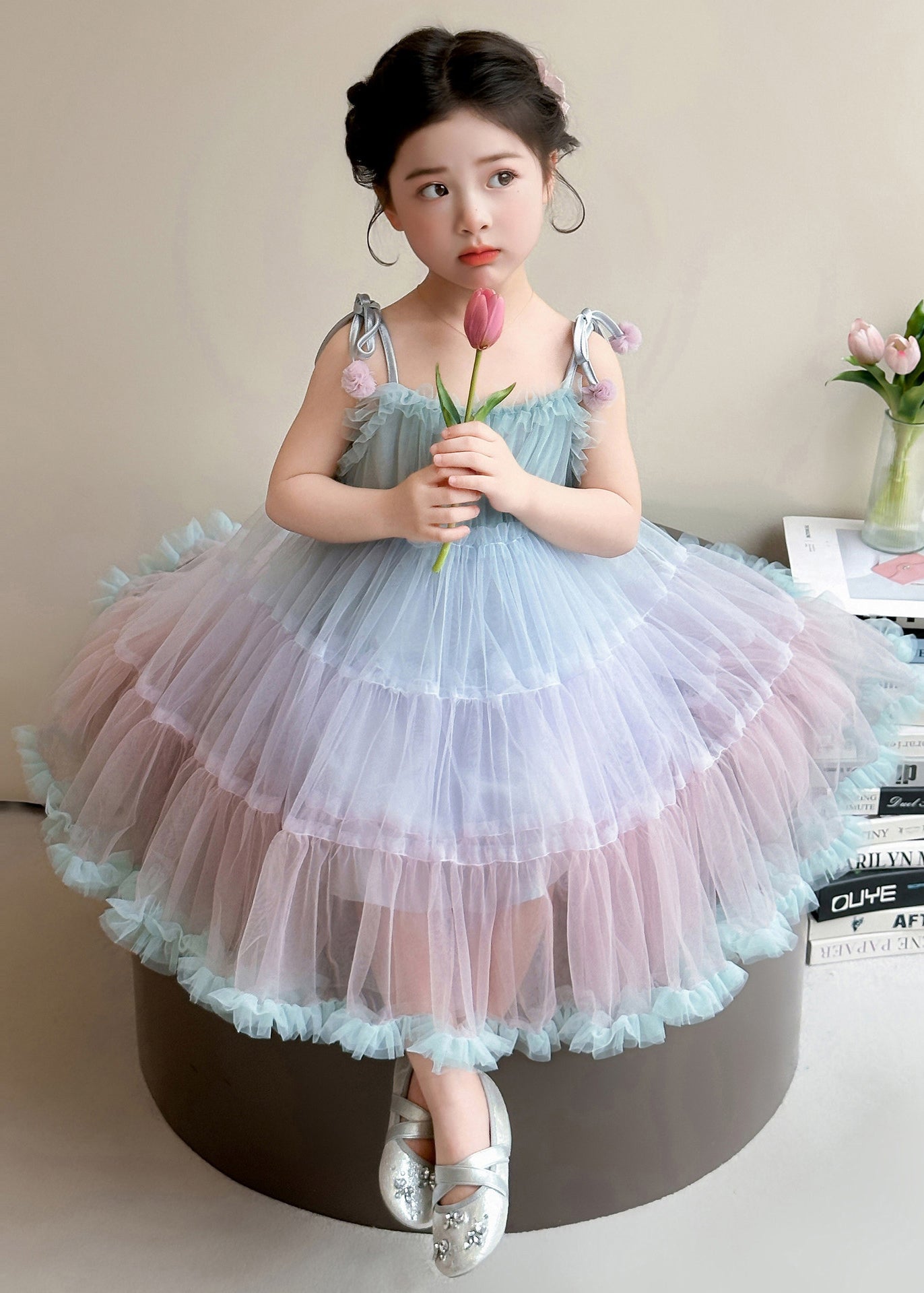 Beautiful Colorful Oversized Patchwork Tulle Kids Girls Dress Summer