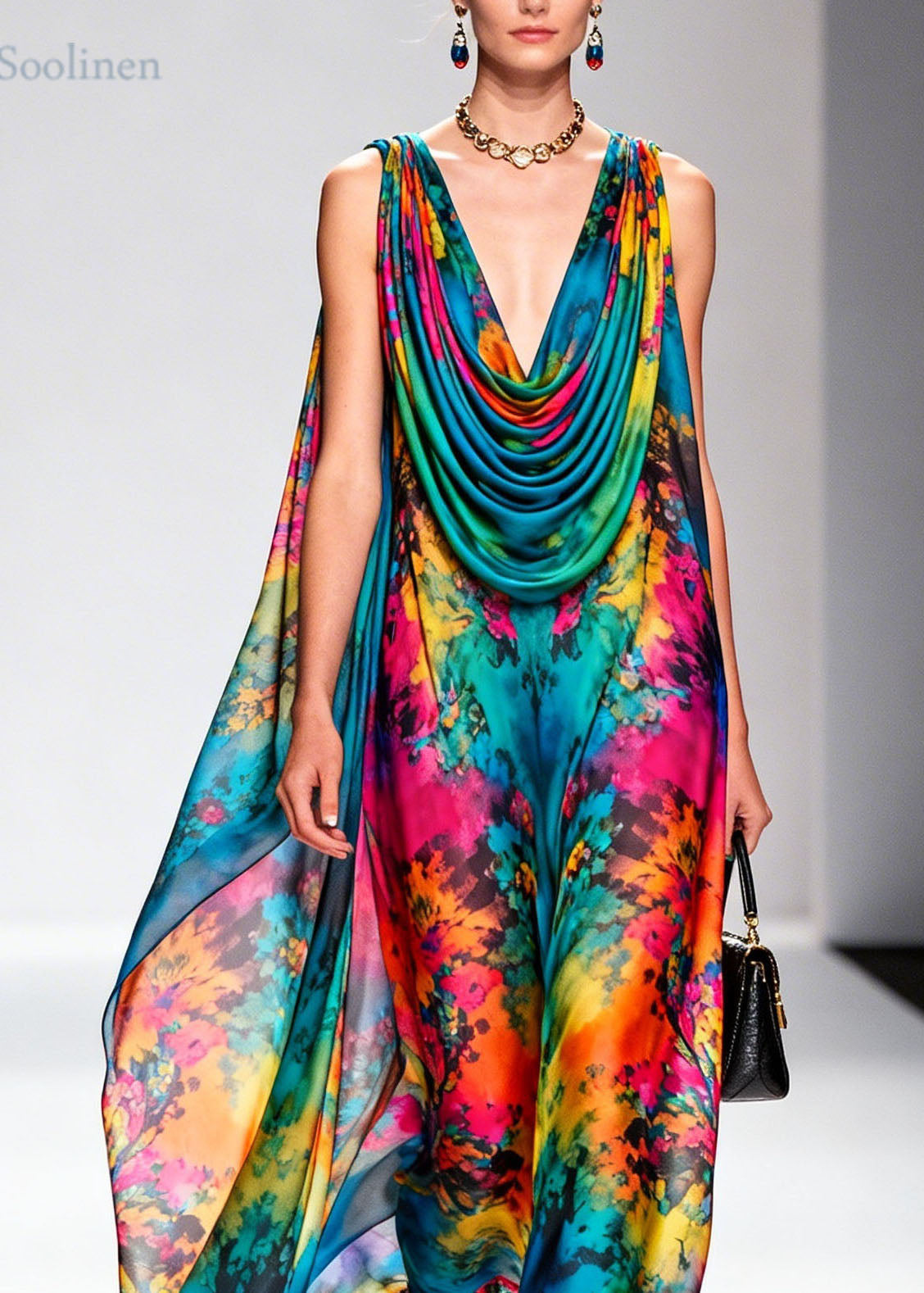 Beautiful Draped Neckline Print Floral Chiffon Dress Sleeveless