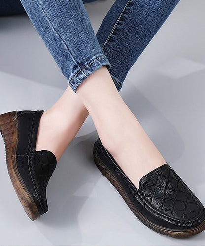 Beautiful Embroidery Flat Feet Shoes Black Cowhide Leather