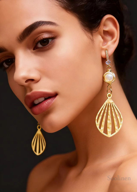 Beautiful Fan-shaped Hollow Out Fine Pearl Drop Earrings