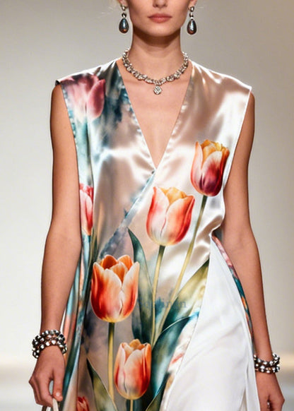 Beautiful Flower Print Patchwork Chiffon Maxi Dresses Sleeveless