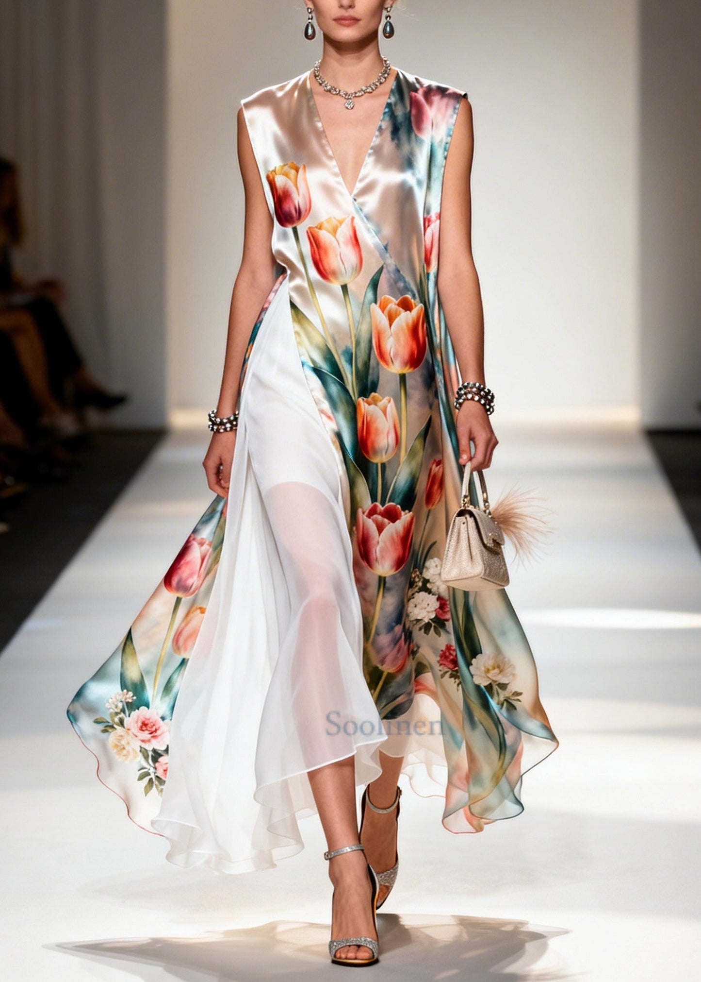 Beautiful Flower Print Patchwork Chiffon Maxi Dresses Sleeveless