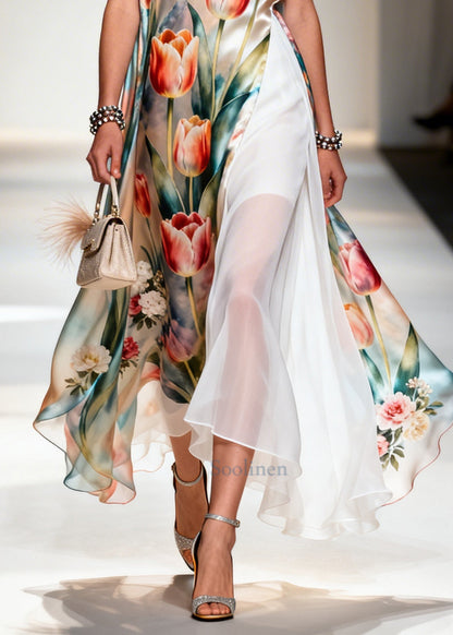 Beautiful Flower Print Patchwork Chiffon Maxi Dresses Sleeveless