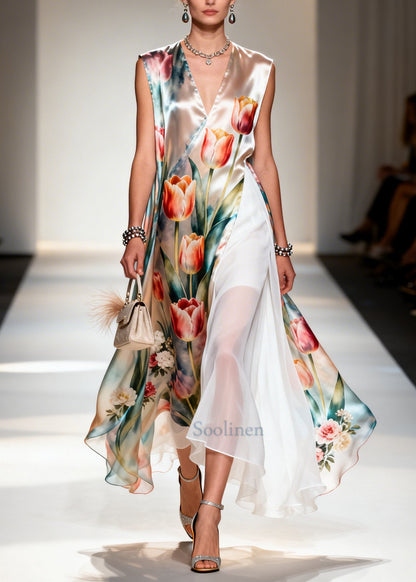 Beautiful Flower Print Patchwork Chiffon Maxi Dresses Sleeveless
