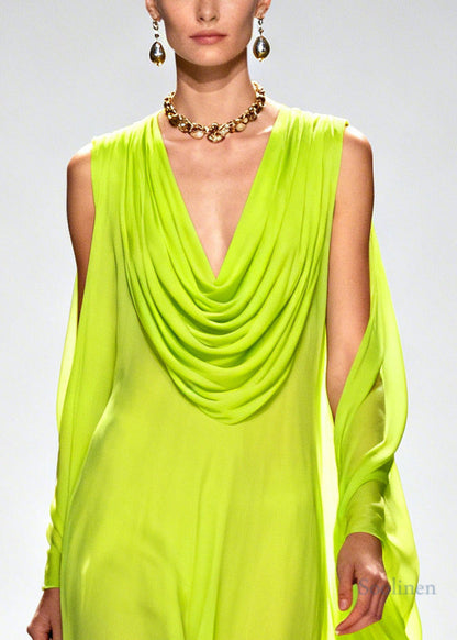 Beautiful Fluorescent Green Turtle Neck Patchwork Flower Chiffon Holiday Dress Summer
