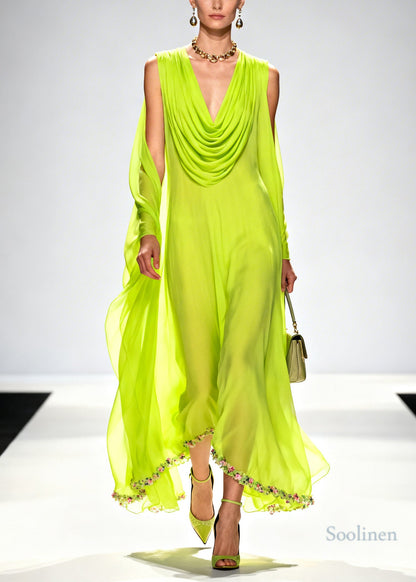 Beautiful Fluorescent Green Turtle Neck Patchwork Flower Chiffon Holiday Dress Summer