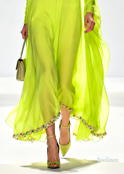 Beautiful Fluorescent Green Turtle Neck Patchwork Flower Chiffon Holiday Dress Summer