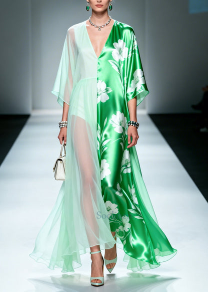 Beautiful Green Asymmetrical Patchwork Chiffon Maxi Dresses Summer