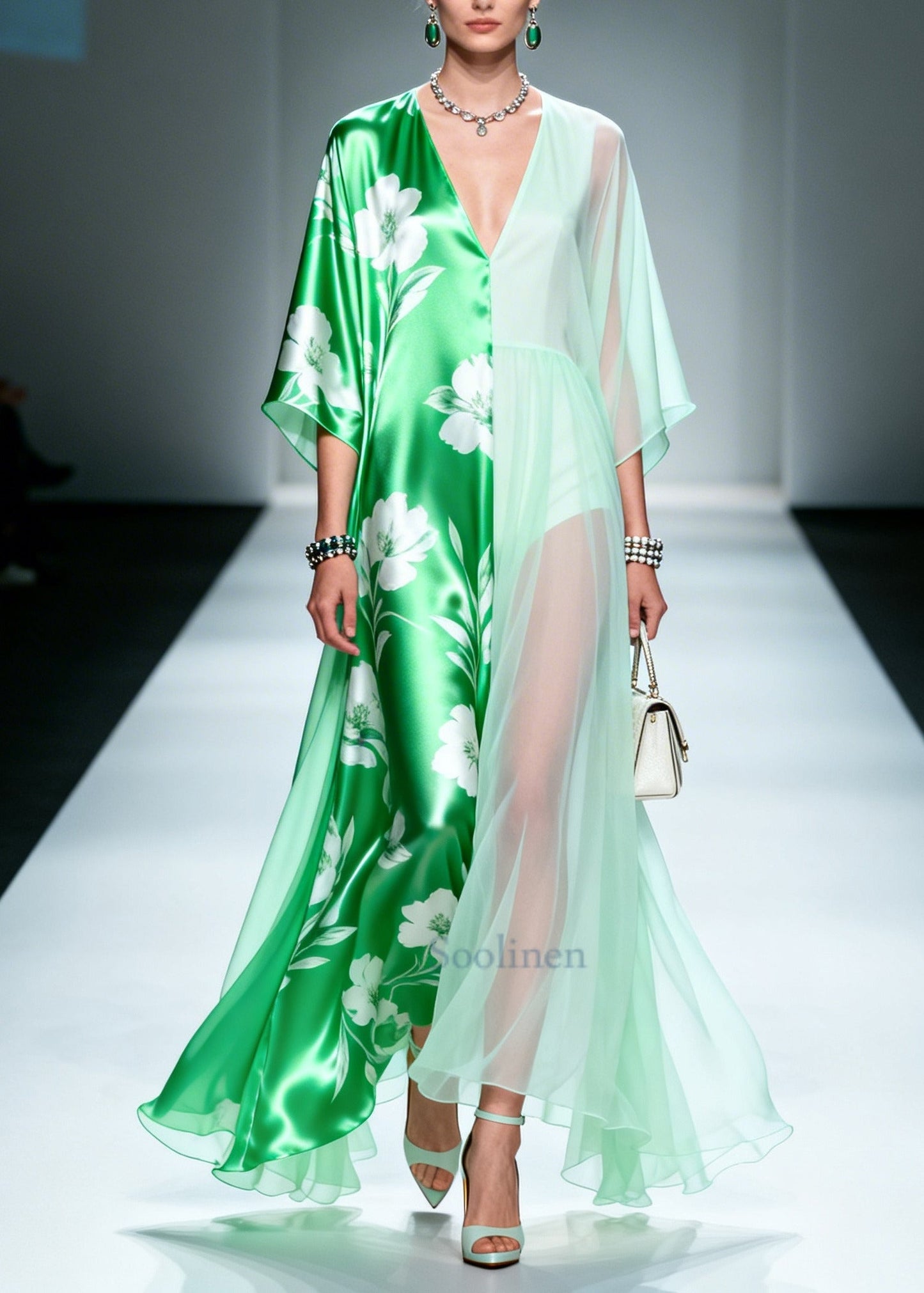 Beautiful Green Asymmetrical Patchwork Chiffon Maxi Dresses Summer