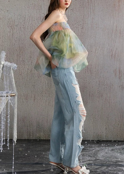 Beautiful Green Backless Print Chiffon Strapless Vests Summer